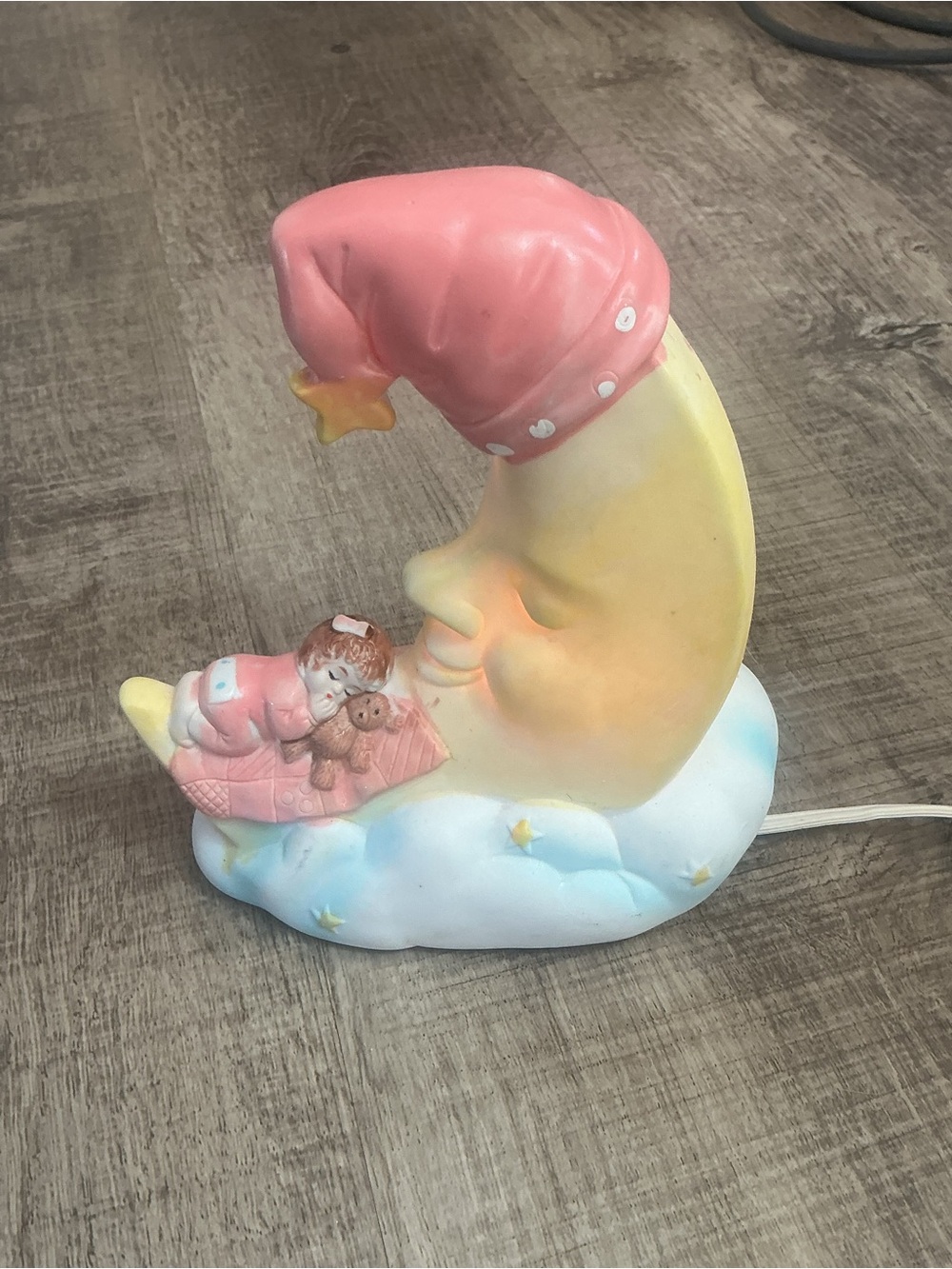 Vintage man in the Moon porcelain Night Light Figurine with Sleeping Baby - Pink